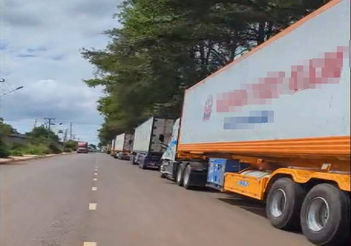 Những chiếc xe container chở sầu riêng đậu hàng dài trên đường - Ảnh: B.X.