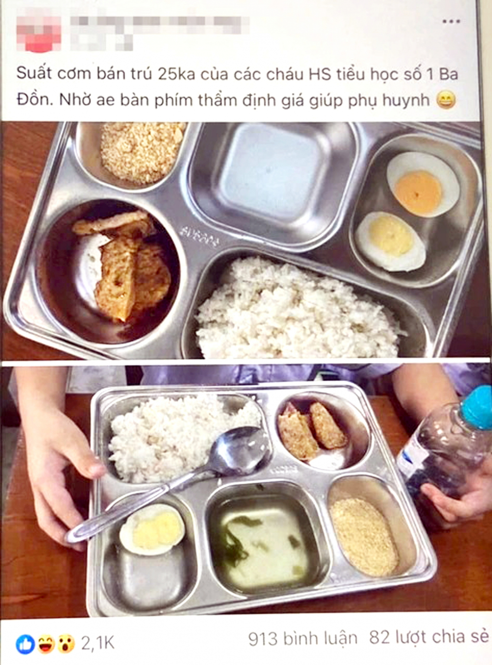 “Nóng” an toàn thực phẩm bữa ăn bán trú Hình ảnh suất cơm bán trú giá 25.000 đồng của học sinh Trường tiểu học số 1 Ba Đồn (Quảng Trị) gây xôn xao dư luận - Nguồn ảnh: Mạng xã hội