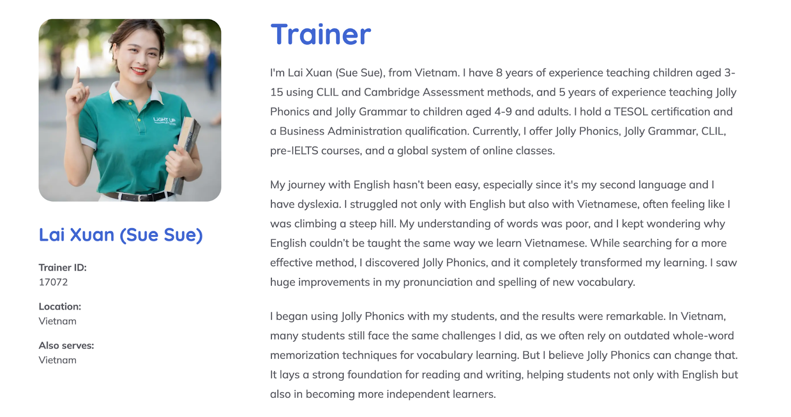 Thông tin Jolly Phonics Trainer Lại Xuân (Sue Sue) trên trang Jolly Learning UK - Ảnh: Light Up English