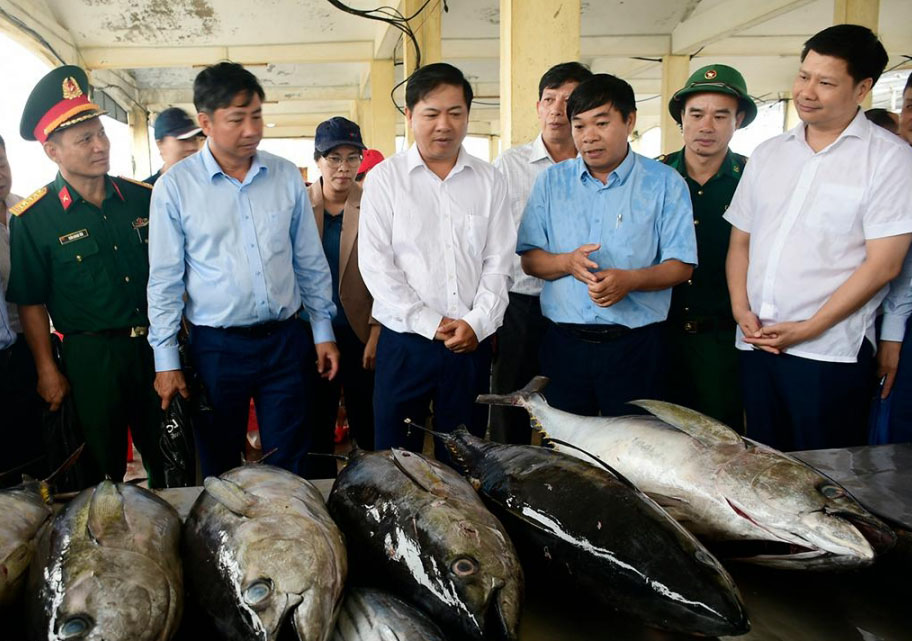 Bí thư Tỉnh ủy Lương Nguyễn Minh Triết (hàng đầu, thứ 3 từ phải sang) kiểm tra tại Cảng cá Đông Tác, phường Phú Yên- Ảnh: TH