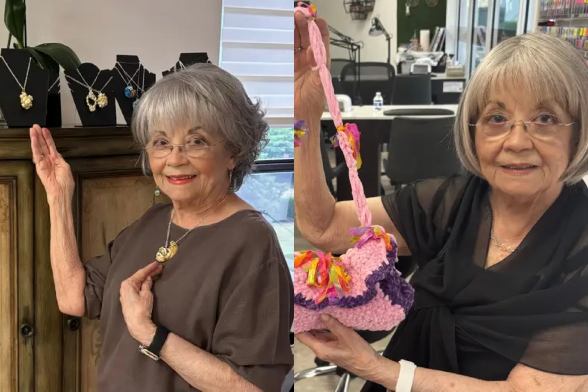 Bà Chris tự thiết kế các món đồ trang sức, đan len để bán tại các hội chợ thủ công. - Ảnh: Cindy Kief