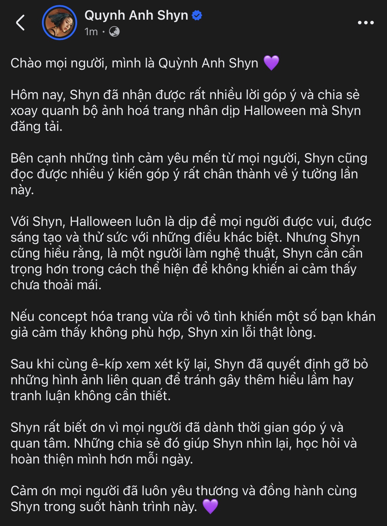 Quỳnh Anh Shyn lên tiếng xin lỗi, đồng thời thông báo gỡ bỏ bộ ảnh.