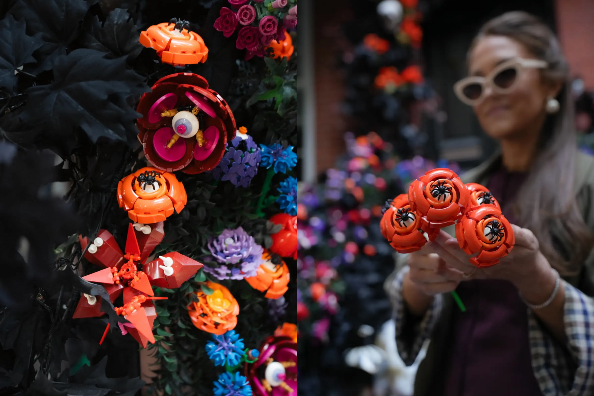 Hemric trưng bày một số bông hoa LEGO phức tạp có hình con nhện ở đầu.