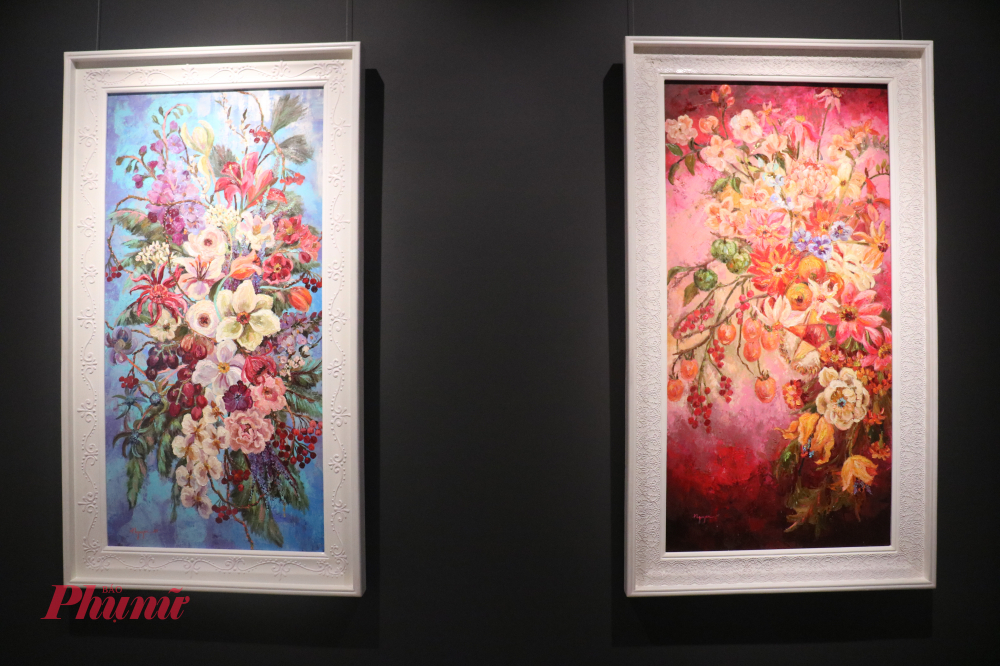 Tranh sơn dầu “Sung túc mùa thu” (phải) và “Đủ đầy mùa đông” (trái) của họa sĩ Nguyên Nguyên - Ảnh: Phương Nhã