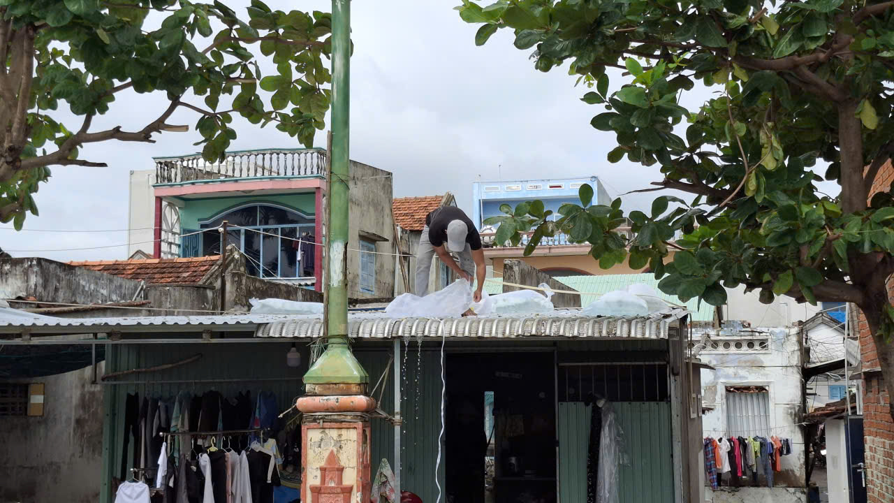 Bao bao nilon chứa nước khán hiếm, người dân dùng thùng nhựa chứa nước đè mái nhà Đổ nước bao nilon nước đè nặng ứng phó với bão- Ảnh: Trâm Trân