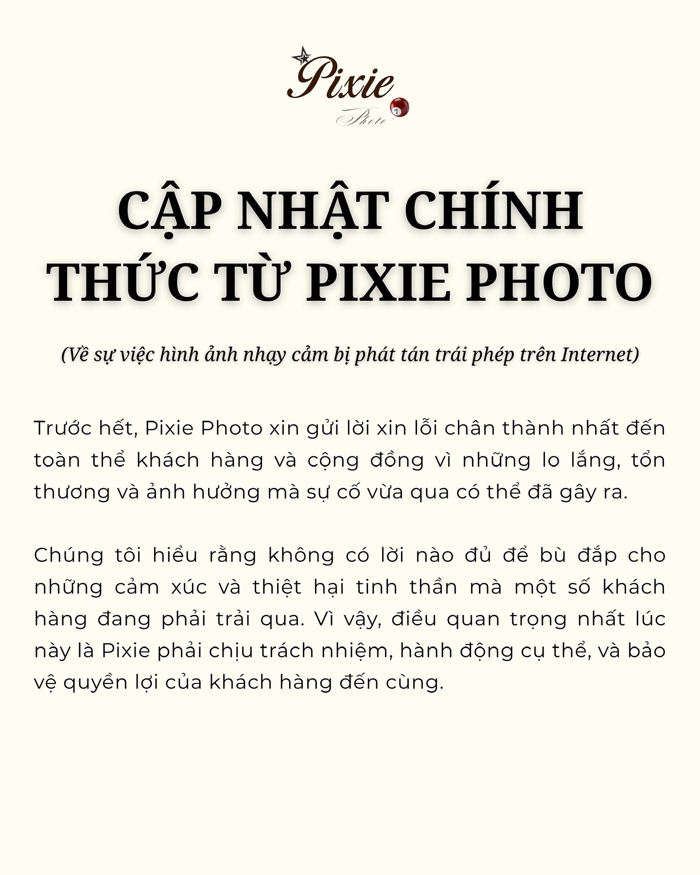 25 clip riêng tư trong tiệm photobooth ở Hà Nội bị lan truyền trên web đen Thông báo từ Pixie Photo vào chiều ngày 5/11 - Ảnh: Pixie Photo