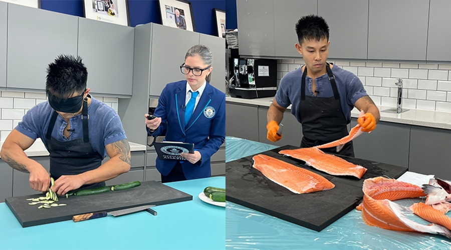 Nam đầu bếp thực hiện thử thách phi lê cá hồi và bịt mắt thái dưa leo. - Ảnh: GWR