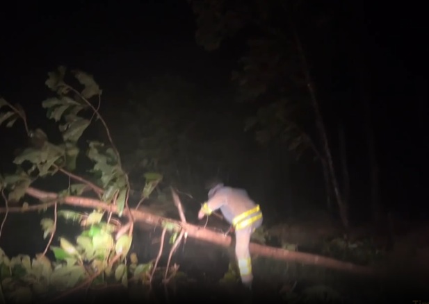 Lực lượng Trạm cảnh sát giao thông Krông Búk (tỉnh Đắk Lắk) dầm mình trong mưa gió để dọn dẹp cây xanh ngã đổ xuống đường tỉnh 697B- Ảnh: CACC.