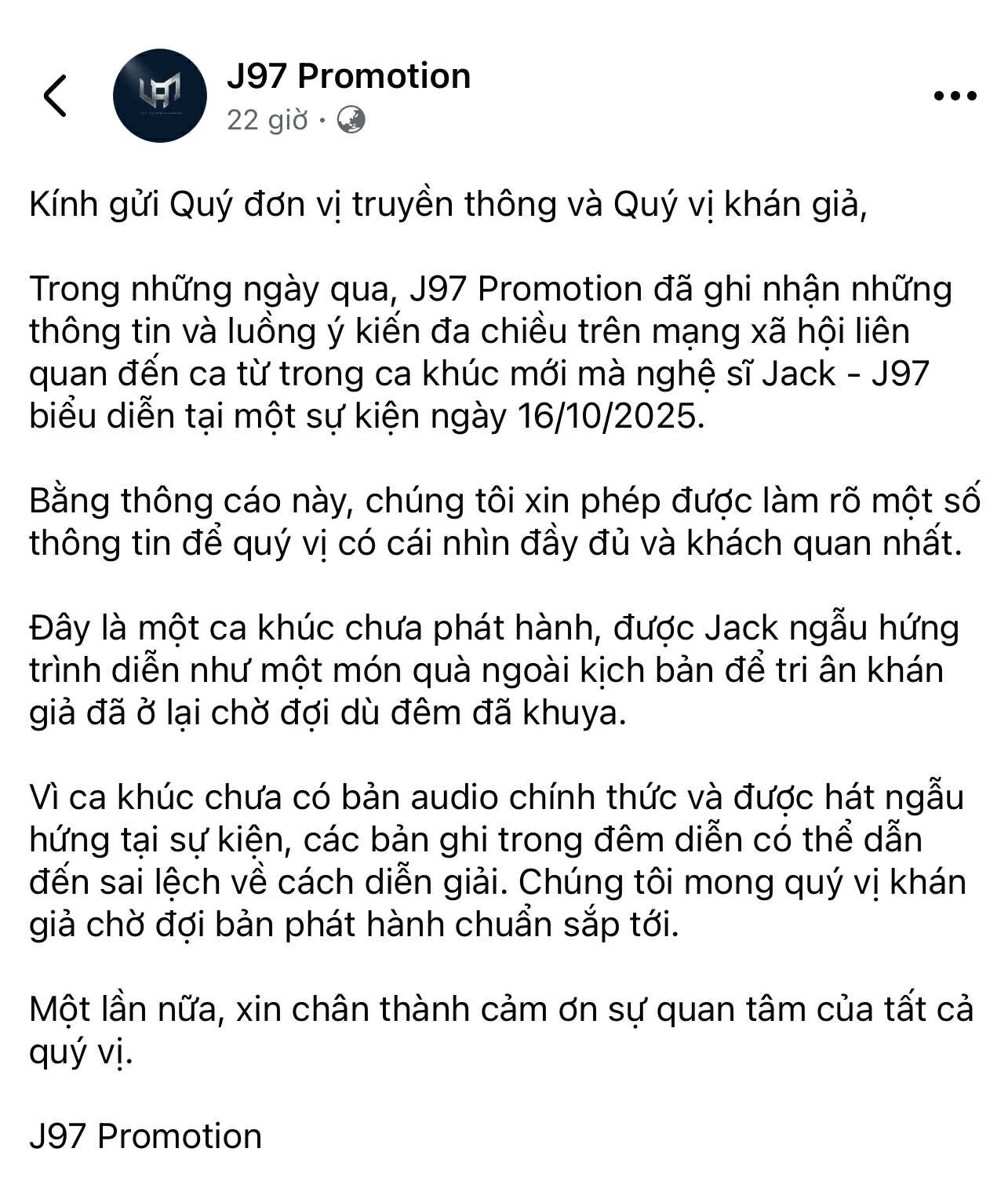 Thông báo từ công ty quản lý của Jack trên mang xã hội - Ảnh chụp màn hình