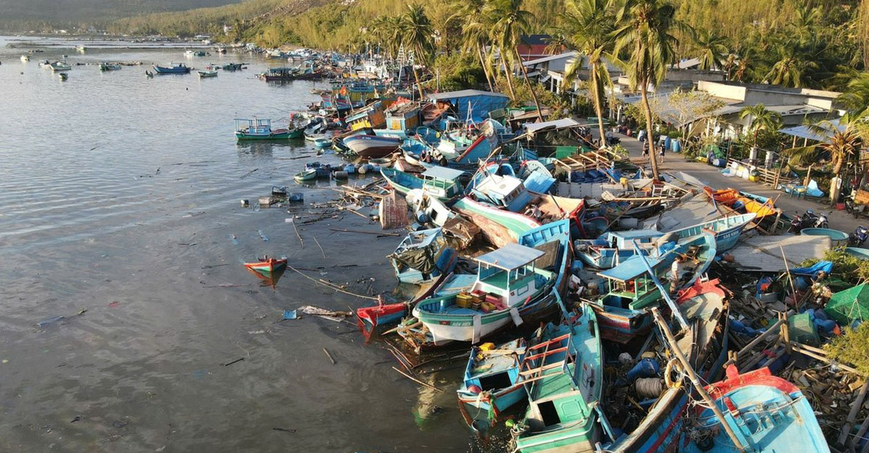 Hàu cá bị sóng đánh dạt vào bờ tan nát, hư hỏng nặng, nhiều chiếc gãy đôi- Ảnh: Mạnh Hoài Nam