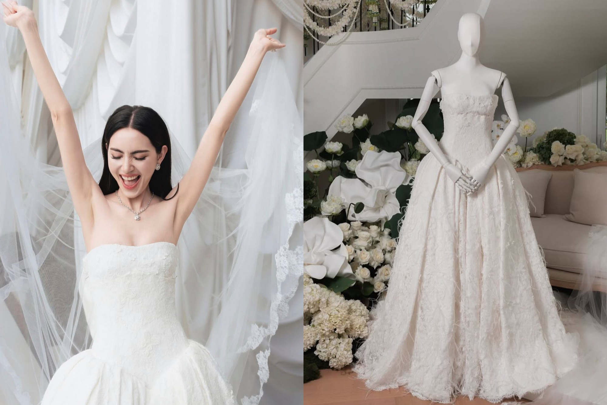 Thiết kế váy cưới với chất liệu sang trọng, phủ lớp ren mỏng kết hợp với các chi tiết đính lông vũ hoặc lông mềm nhẹ tạo cảm giác bay bổng và nữ tính. Màu trắng kem đặt tone nhẹ nhàng, gợi cảm giác cổ điển nhưng vẫn hiện đại, phù hợp với một đám cưới vừa mang dấu ấn thời trang cao cấp vừa đậm tính cá nhân.