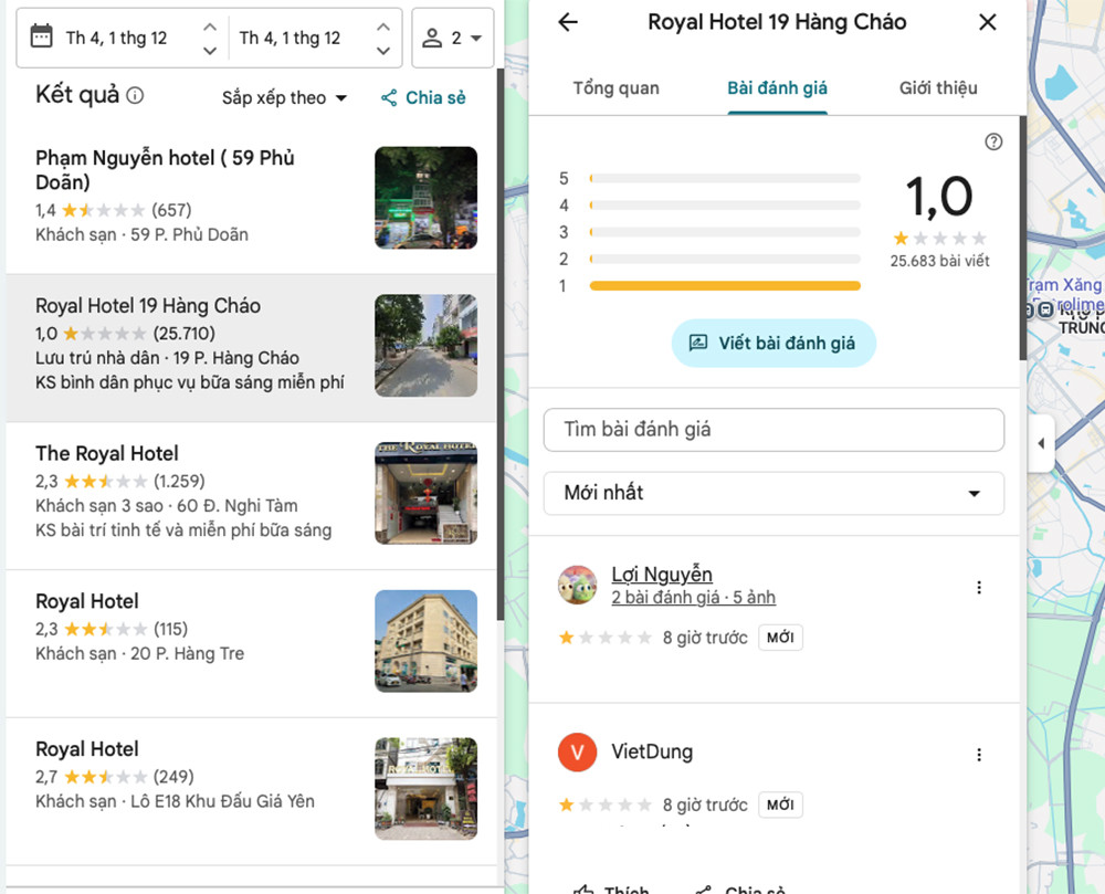 Cô gái bị từ chối nhận phòng lúc 2 giờ sáng: Không tử tế và nhân văn thì khó tồn tại Hiện khách sạn nhận bão đánh giá 1 sao trên Google Map. Ảnh chụp màn hình
