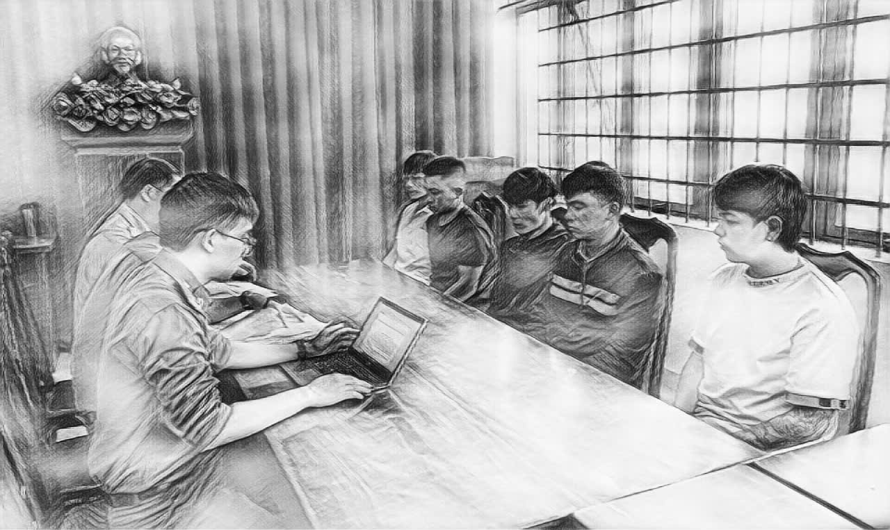 Các đối tượng làm việc tại cơ quan công an - Ảnh: CACC