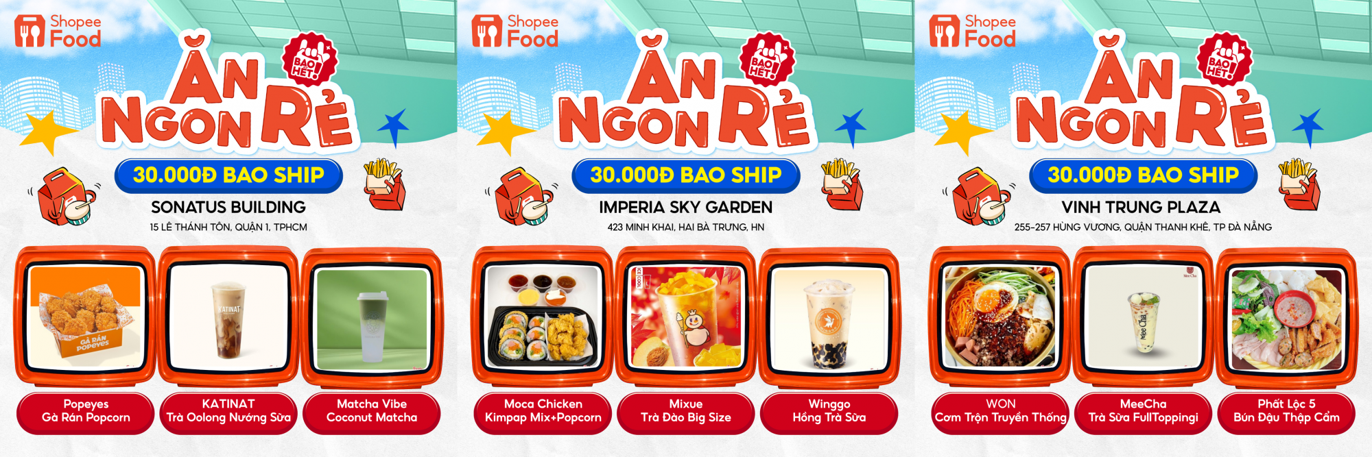 Dù ở Hà Nội, Đà Nẵng, hay TPHCM, ShopeeFood cũng bao bạn ăn ngon rẻ no nê, bao luôn cả phí ship