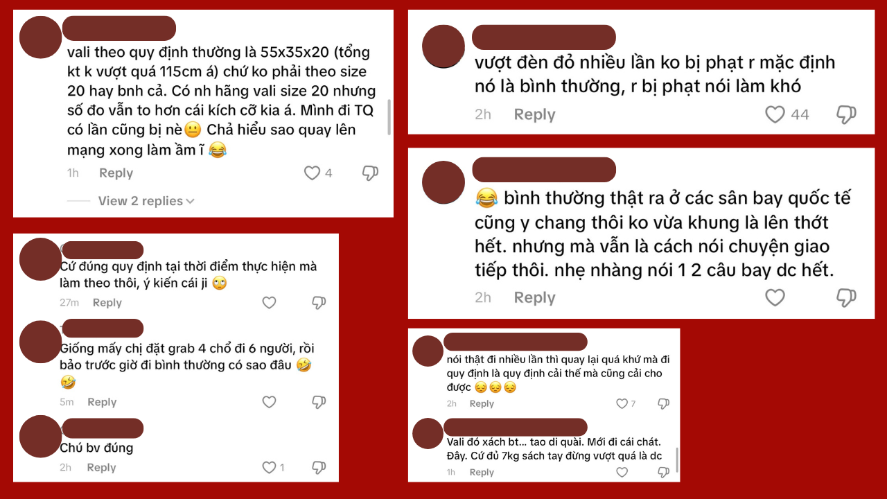 Vì sao vali size 20 bị từ chối làm hành lý xách tay lên máy bay? Bình luận trái chiều từ cộng đồng mạng trước vụ việc - Ảnh: Tổng hợp từ chụp màn hình