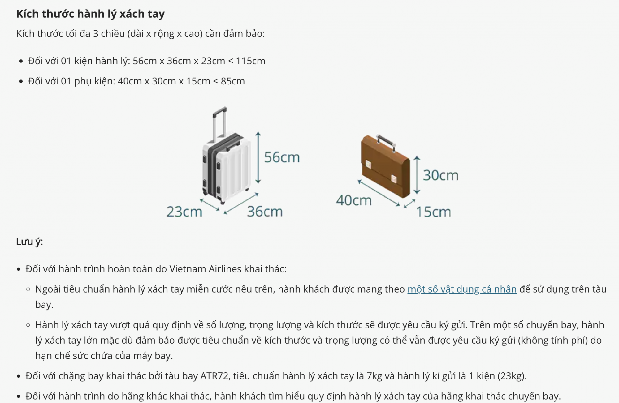 Vì sao vali size 20 bị từ chối làm hành lý xách tay lên máy bay? Quy định về kích thước hành lý xách tay của hãng hành không Vietnamairlines - Ảnh: Chụp màn hình