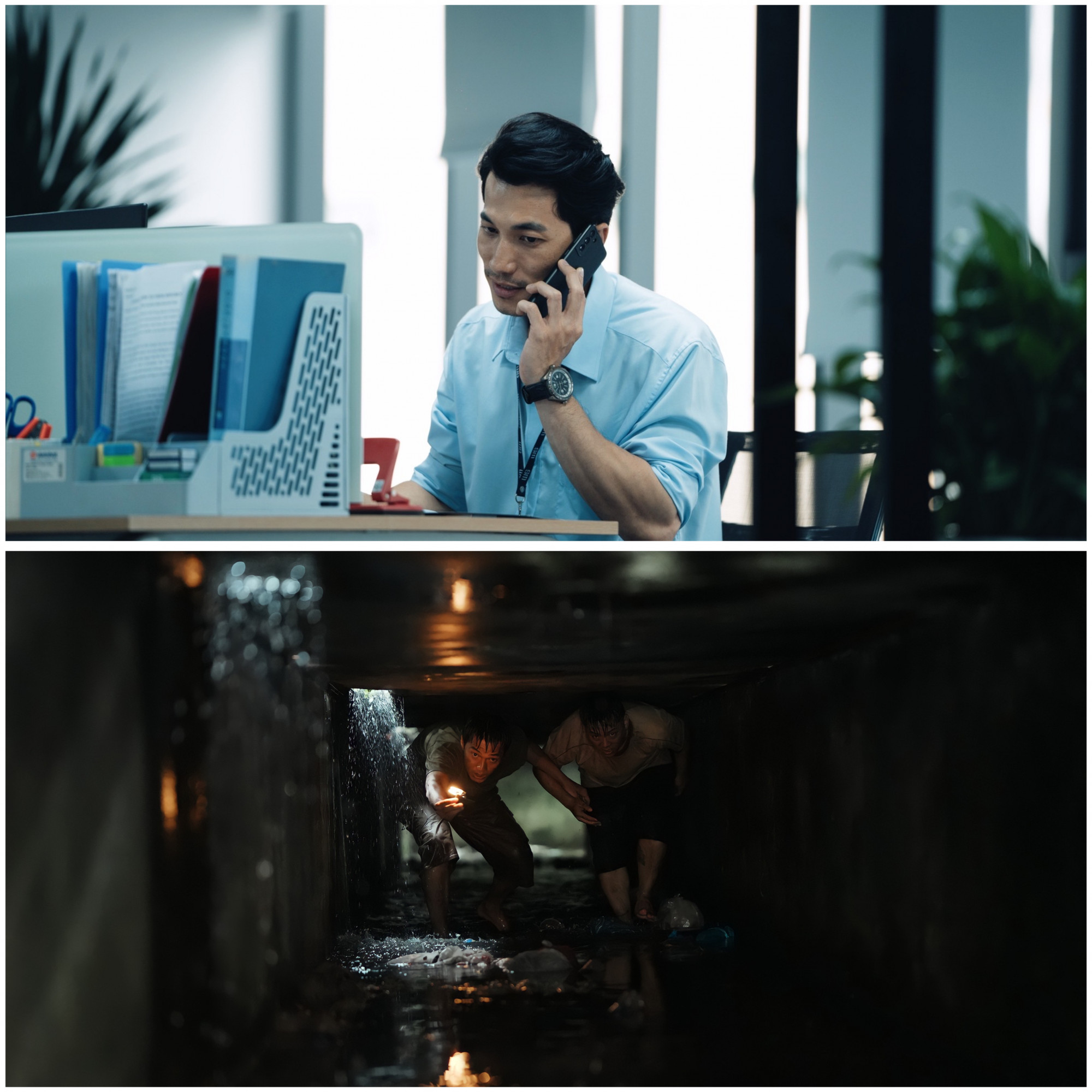 1.Phim Bẫy tiền (trên) và Thiên đường máu (dưới) lần lượt phản ảnh vấn để thời sự xã hội nóng về tình trạng lừa đảo qua điện thoại và tệ nạn lừa đảo người Việt đi nước ngoài làm việc (Nguồn ảnh: Đoàn phim cung cấp)