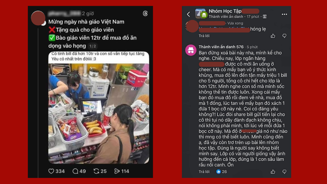 Tổng hợp thông tin việc sinh viên một lớp học mua hết 12 triệu tiền đồ ăn khi được giảng viên mời - Ảnh: Tổng hợp chụp màn hình
