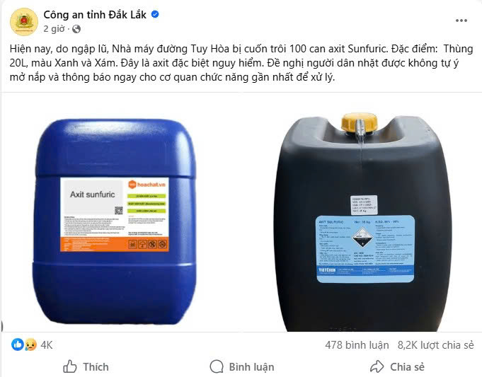 Công an tỉnh Đắk Lắk cảnh báo về việc 100 can a xít sunfuric của Nhà máy đường Tuy Hòa bị nước cuốn trôi.