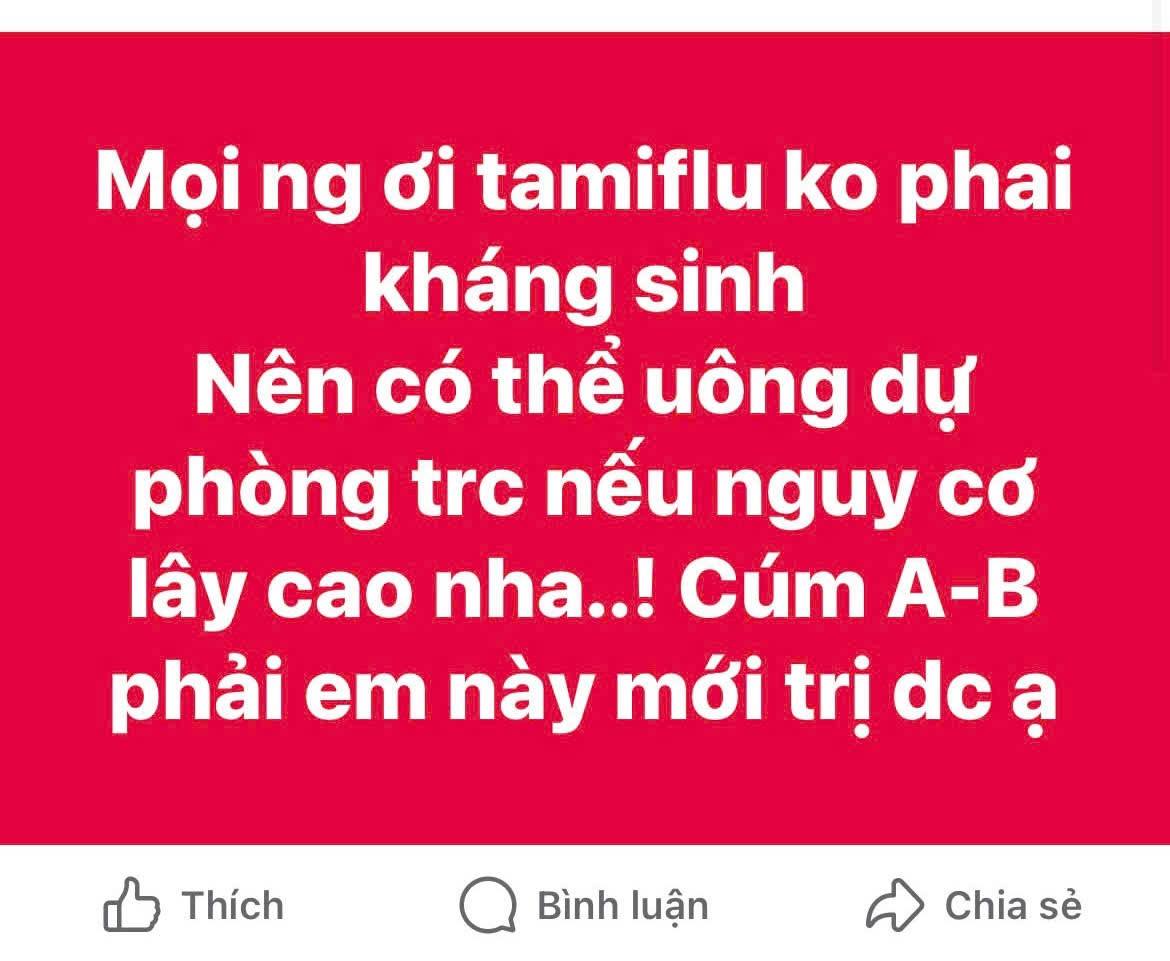 Nhiều tài khoản cho rằng Tamiflu không phải thuốc kháng sinh, thổi phồng công dụng để bán thuốc, ảnh chụp màn hình