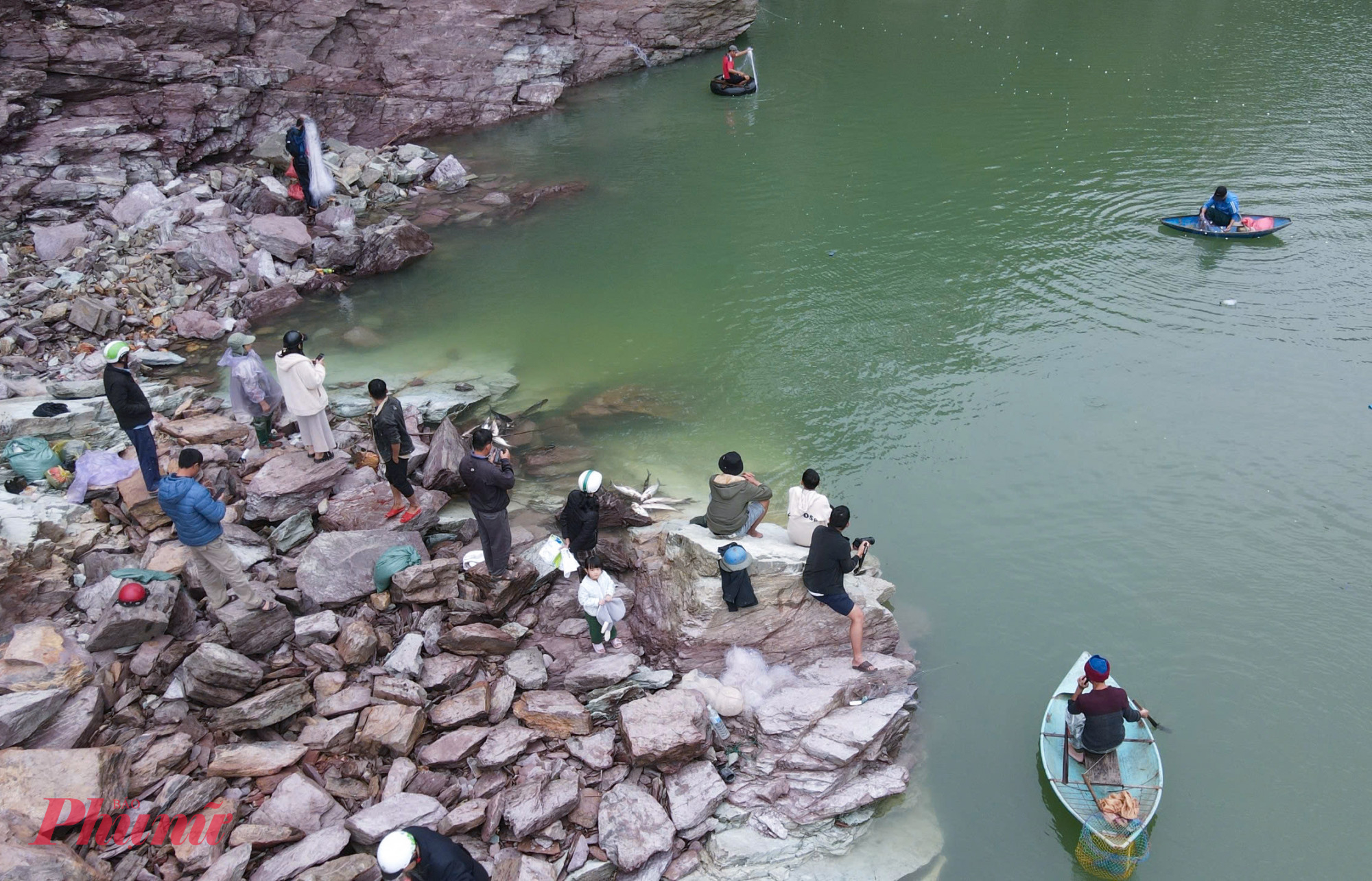 Phía dưới người dân thả lưới bắt cá, trên bờ thương lái tập trung chờ mua