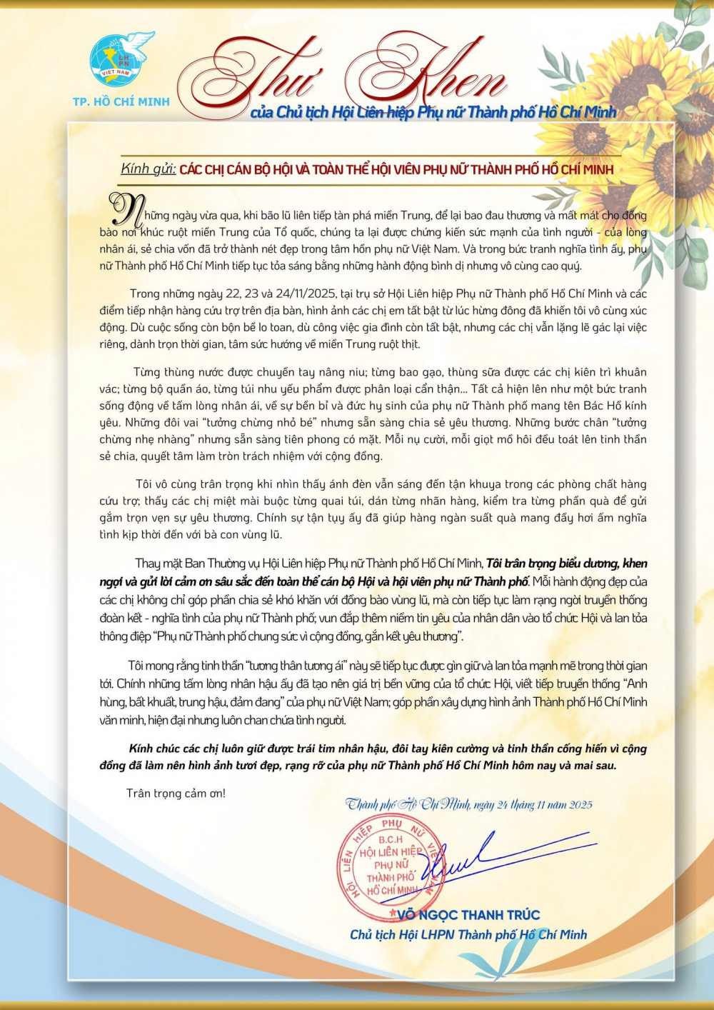 Chủ tịch Hội LHPN TPHCM Võ Ngọc Thanh Trúc gửi thư khen ngợi và biểu dương tinh thần vì cộng đồng của cán bộ, hội viên phụ nữ TPHCM.