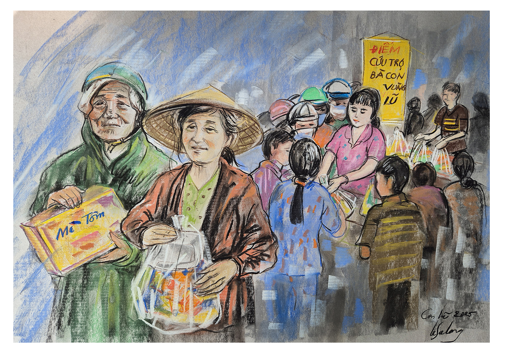 Miền Trung đang cần sự chung tay hỗ trợ của đồng bào cả nước - Tranh: Họa sĩ Lê Sa Long