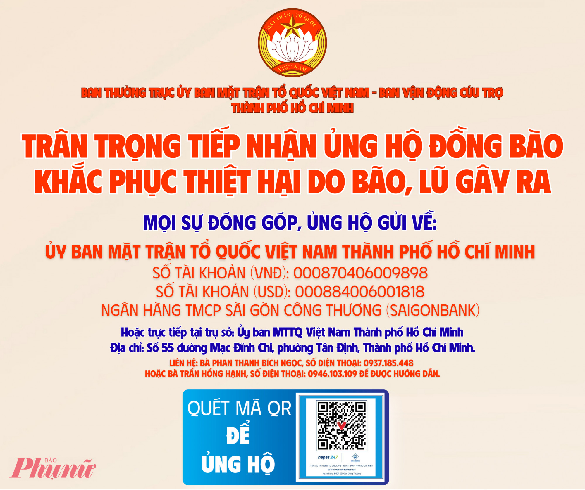 Mọi đóng góp người dân gửi về Ủy ban MTTQ Việt Nam qua số tài khoản ngân hàng
