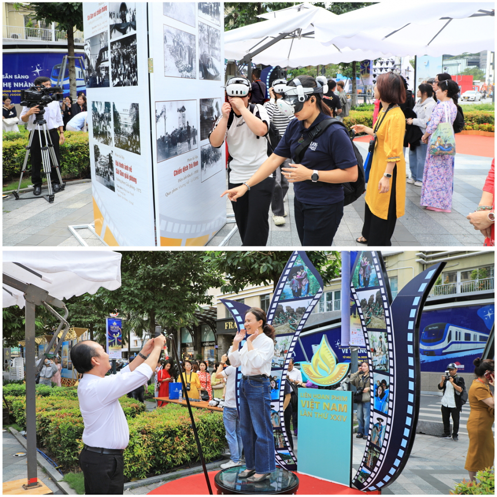 Khách  tham quan triển lãm ảnh trải nghiệm ứng dụng công nghệ hiện đại vào xây dựng không gian thực tế ảo hỗn hợp (trên) và khu vực photo booth 360 độ (dưới)  - ẢNH: H.NHU