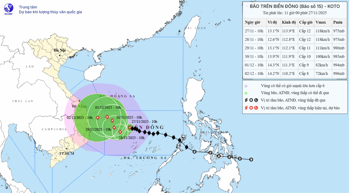 Bản đồ dự báo quỹ đạo, cường độ bão số 15 - Ảnh: ĐKT