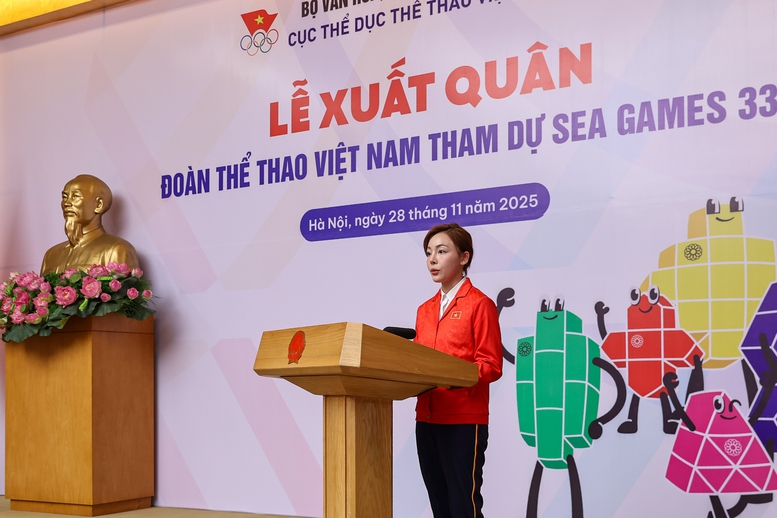 Đại diện vận động viên tham dự SEA Games 33 phát biểu thể hiện quyết tâm thi đấu đạt thành tích tốt nhất - Ảnh: VGP/Nhật Bắc