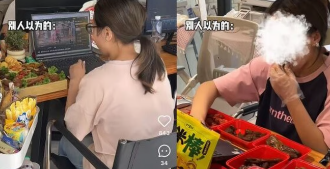 Hàng đống thức ăn xếp hàng tại các trạm làm việc của những người nếm thử thực phẩm chuyên nghiệp này. Ảnh: RedNote