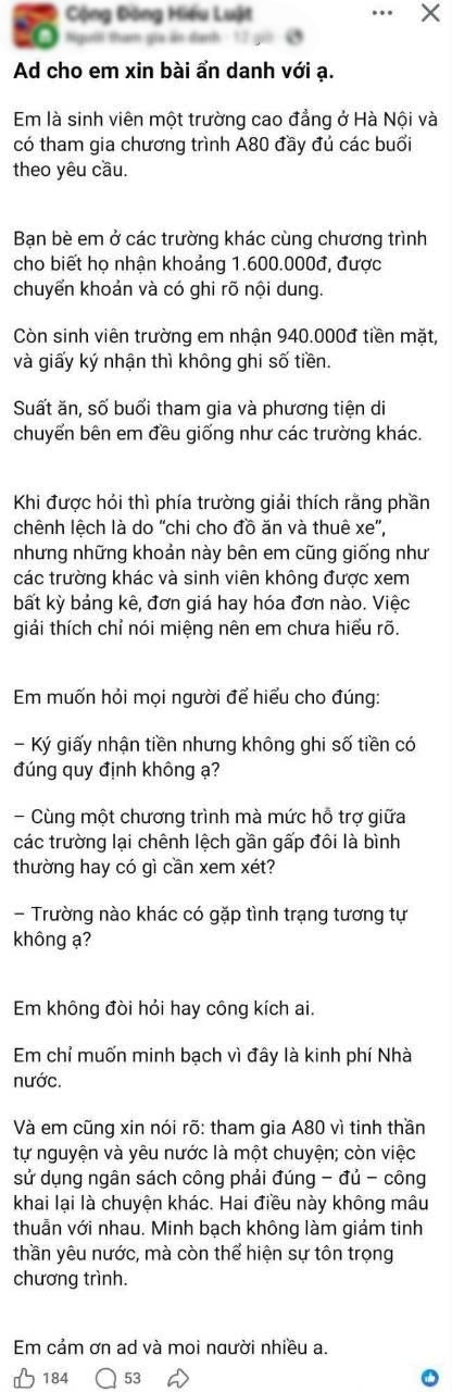 Sinh viên nhận 940.000 tiền hỗ trợ A80: Sự bức xúc không hướng vào vật chất mà cần minh bạch Nội dung bài viết phản ánh ẩn danh trên mạng xã hội - Ảnh: Chụp màn hình