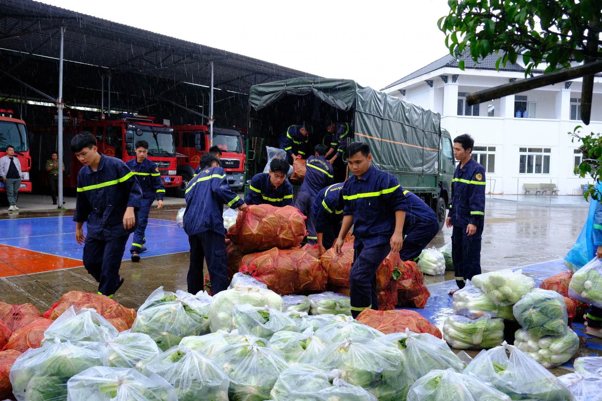 Các cán bộ, chiến sĩ sắp xếp rau củ lên xe để chuẩn bị vận chuyển đến Khánh Hòa - Ảnh: CACC