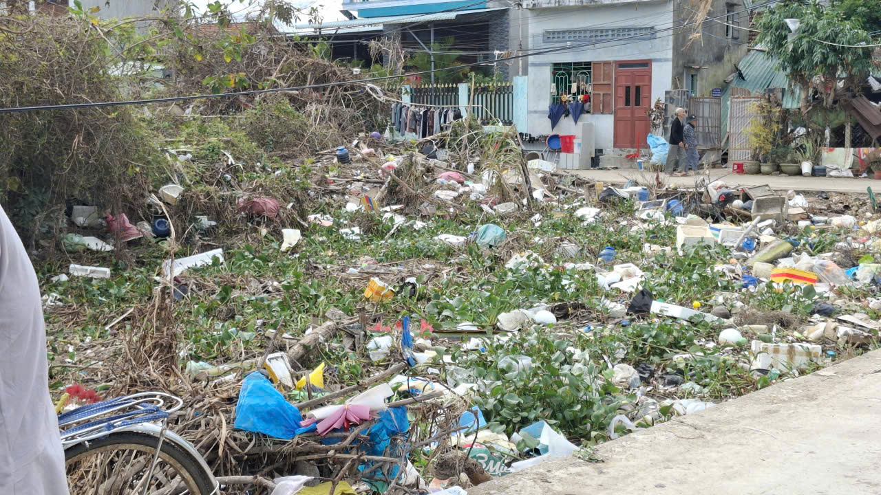Rác nằm ngổn ngang dưới ruộng ao trước nhà- Ảnh: Mạnh Trâm Trân 