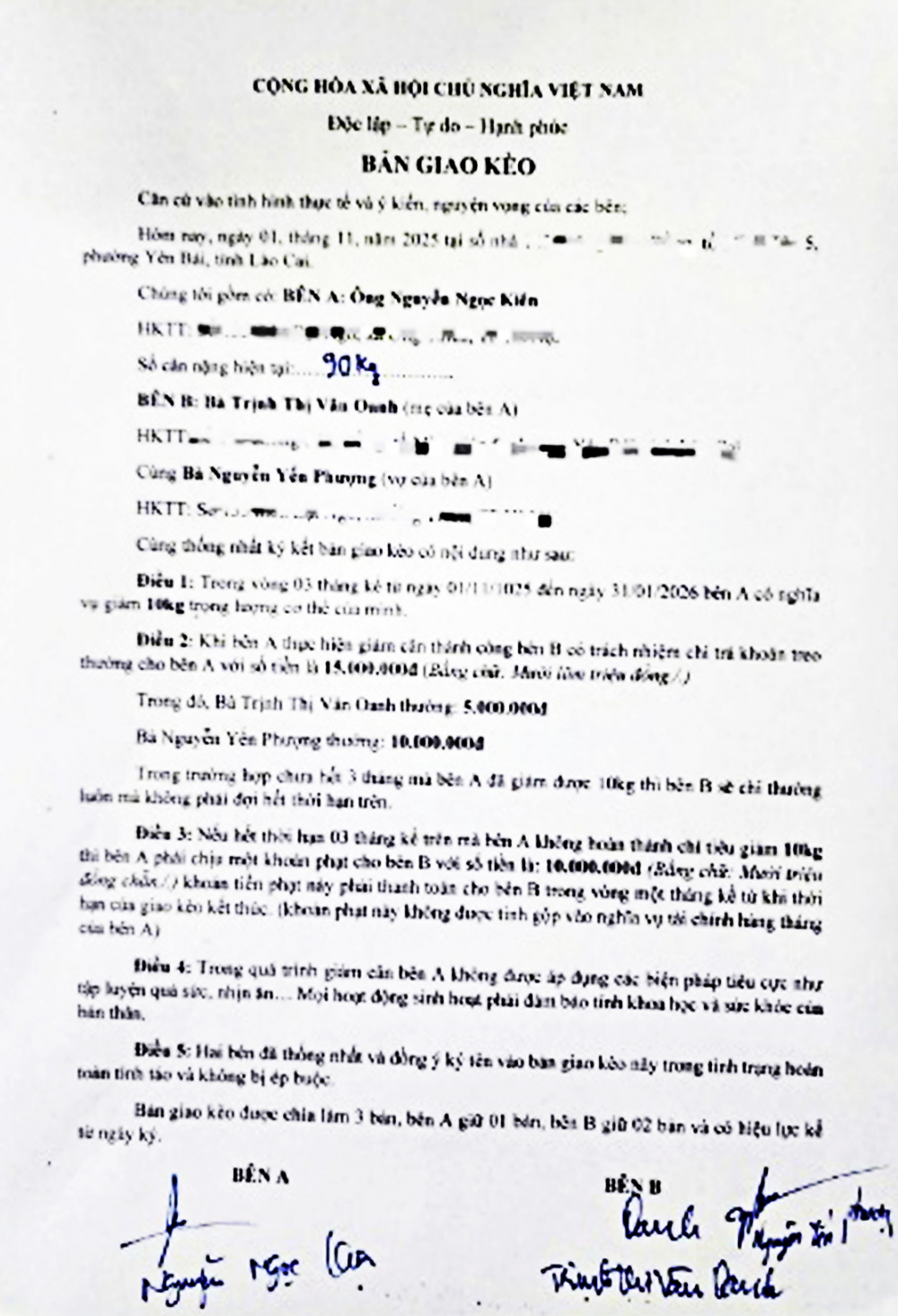 Bản giao kèo giảm cân giữa vợ chồng chị Phượng - anh Kiên - Ảnh do nhân vật cung cấp