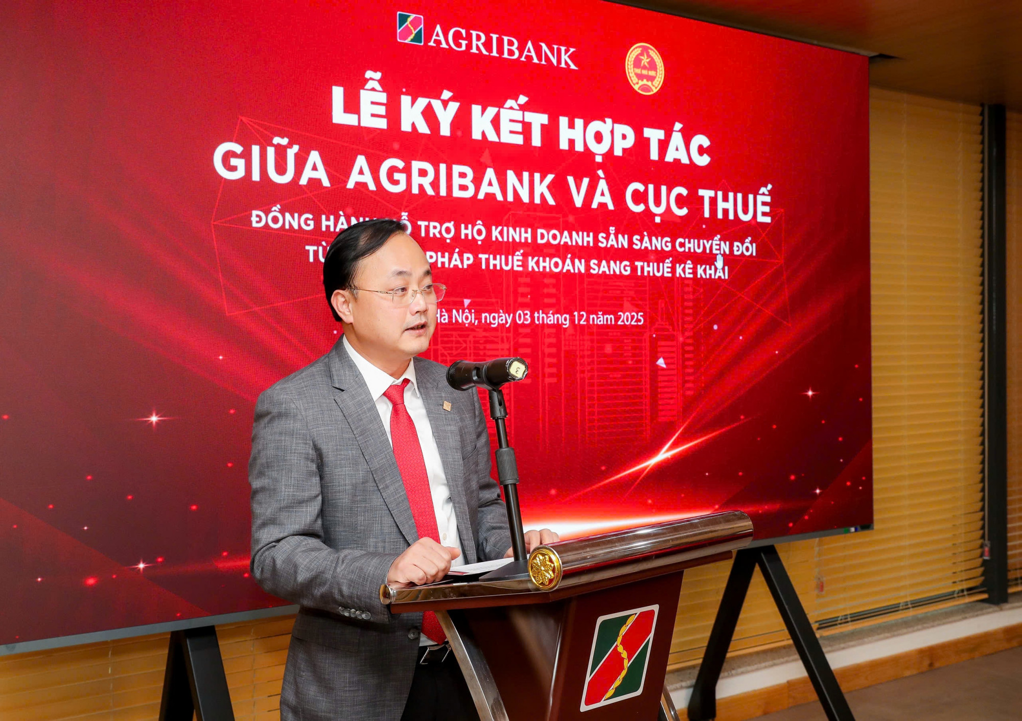 Ông Tô Huy Vũ - Chủ tịch Hội đồng thành viên Agribank - phát biểu tại Lễ ký kết - Ảnh: Agribank