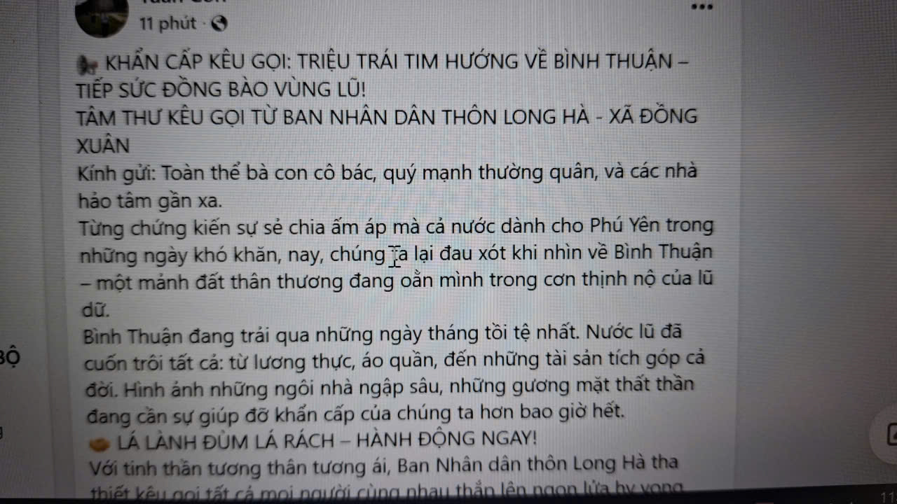 Ban Nhân dân thôn Long Hà, xã Đồng Xuân kêu gọi cùng nhau ủng hộ đồng bào Bình Thuận- Ảnh: Mạnh Hoài Nam