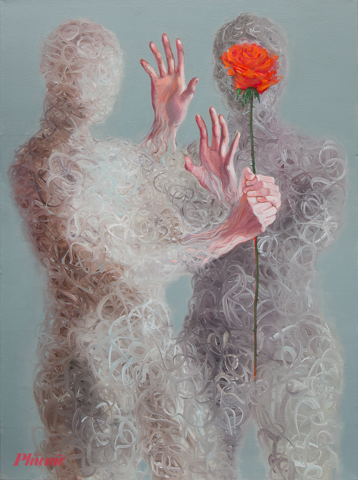 Tác phẩm Agnés và cành hoa trước mặt (III),118x88cm, sơn dầu trên vải, 2025