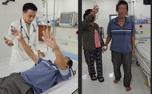 Bệnh nhân tự đi lại và nói rõ sau vài giờ điều trị tiêu sợi huyết - Ảnh: SYT.