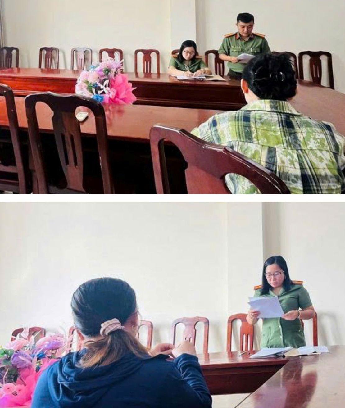 Bà T. và N. khi làm việc với cơ quan chức năng. Ảnh: Cổng Công an tỉnh Cà Mau