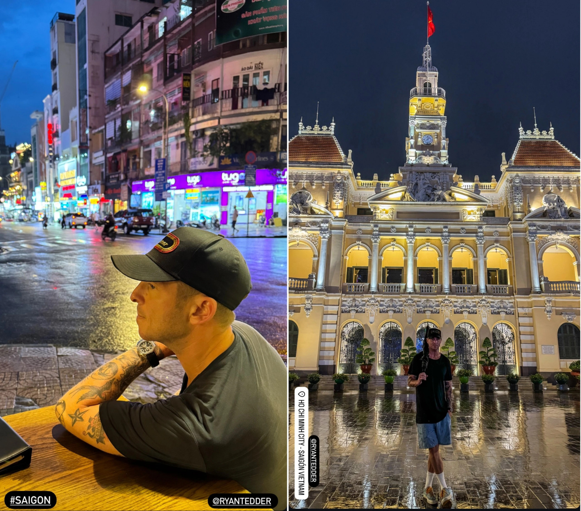 Thành viên nhóm nhạc One Republic - Ryan Tedder chụp ảnh tại phố đi bộ Nguyễn Huệ khi đến TPHCM du lịch.