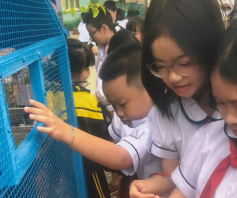 Ngôi nhà xanh có ô vuông nhỏ để học sinh bỏ rác thải nhựa vào