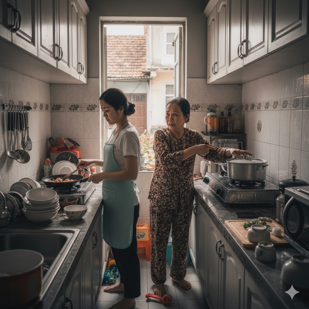 Dù ra riêng, nhưng mẹ chồng vẫn luôn giám sát, xét nét. Ảnh minh họa được tạo bởi AI