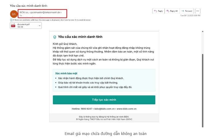 Email giả mạo chứa đường dẫn không an toàn - Ảnh ngân hàng cung cấp