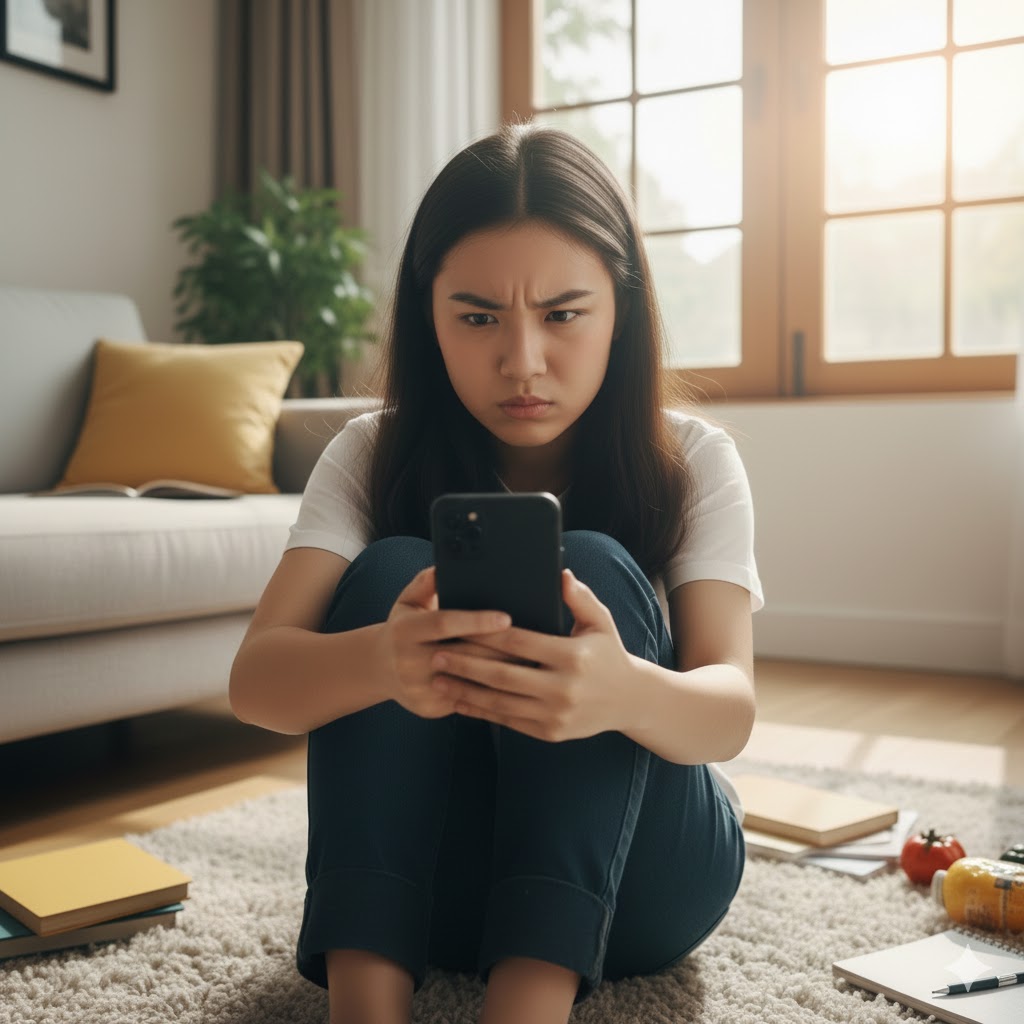 Bạn gái nghiện thông tin tiêu cực trên mạng xã hội - Ảnh minh họa được tạo bởi AI