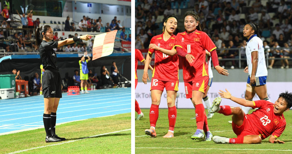 Các nữ tuyển thủ Việt Nam phản ứng khi trọng tài biên phất cờ việt vị không công nhận bàn thắng