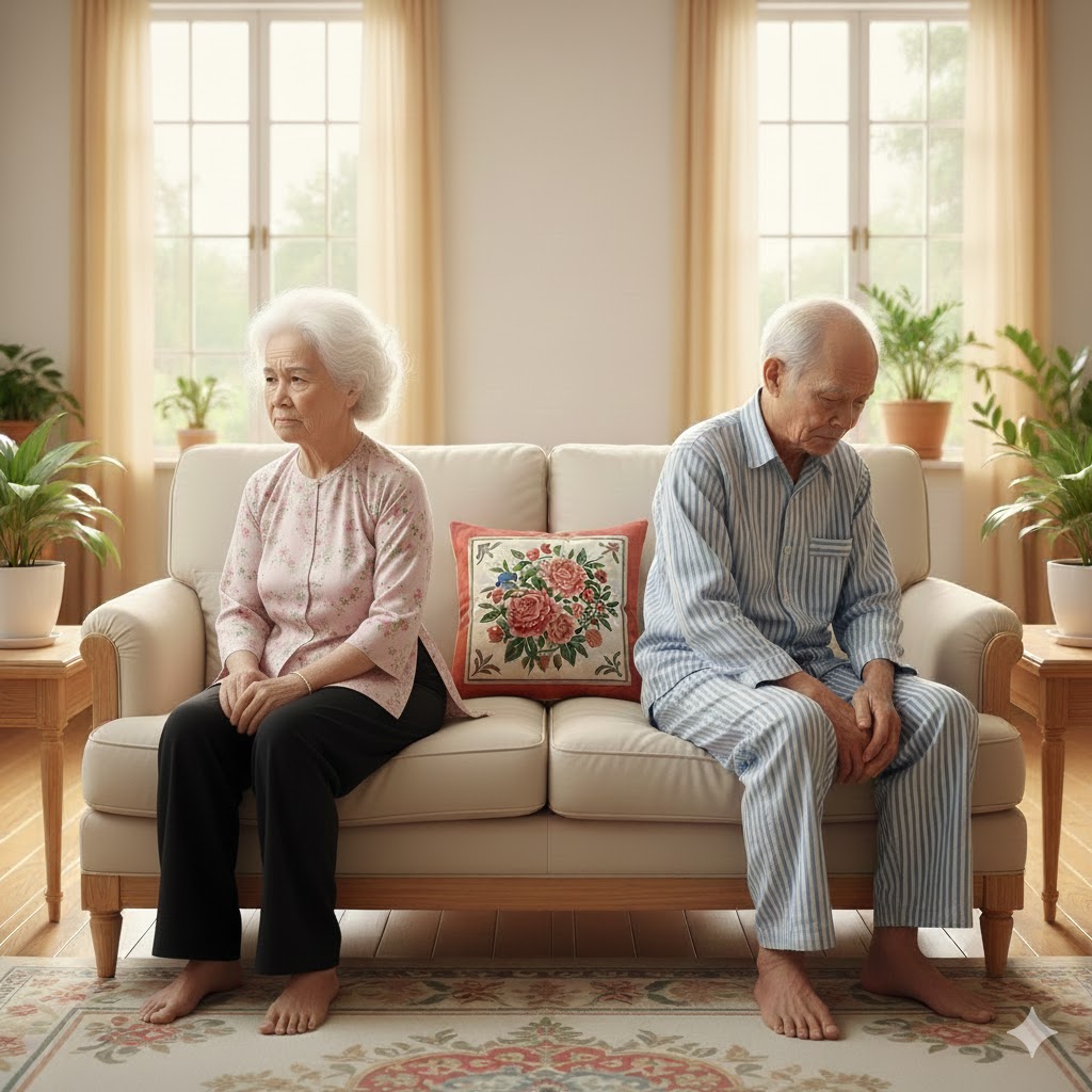 Tuổi xế chiều, bà vẫn hờn, oán trách ông vì ngày xưa kiểm soát tiền quá khắc nghiệt. Ảnh minh họa được tạo bởi AI