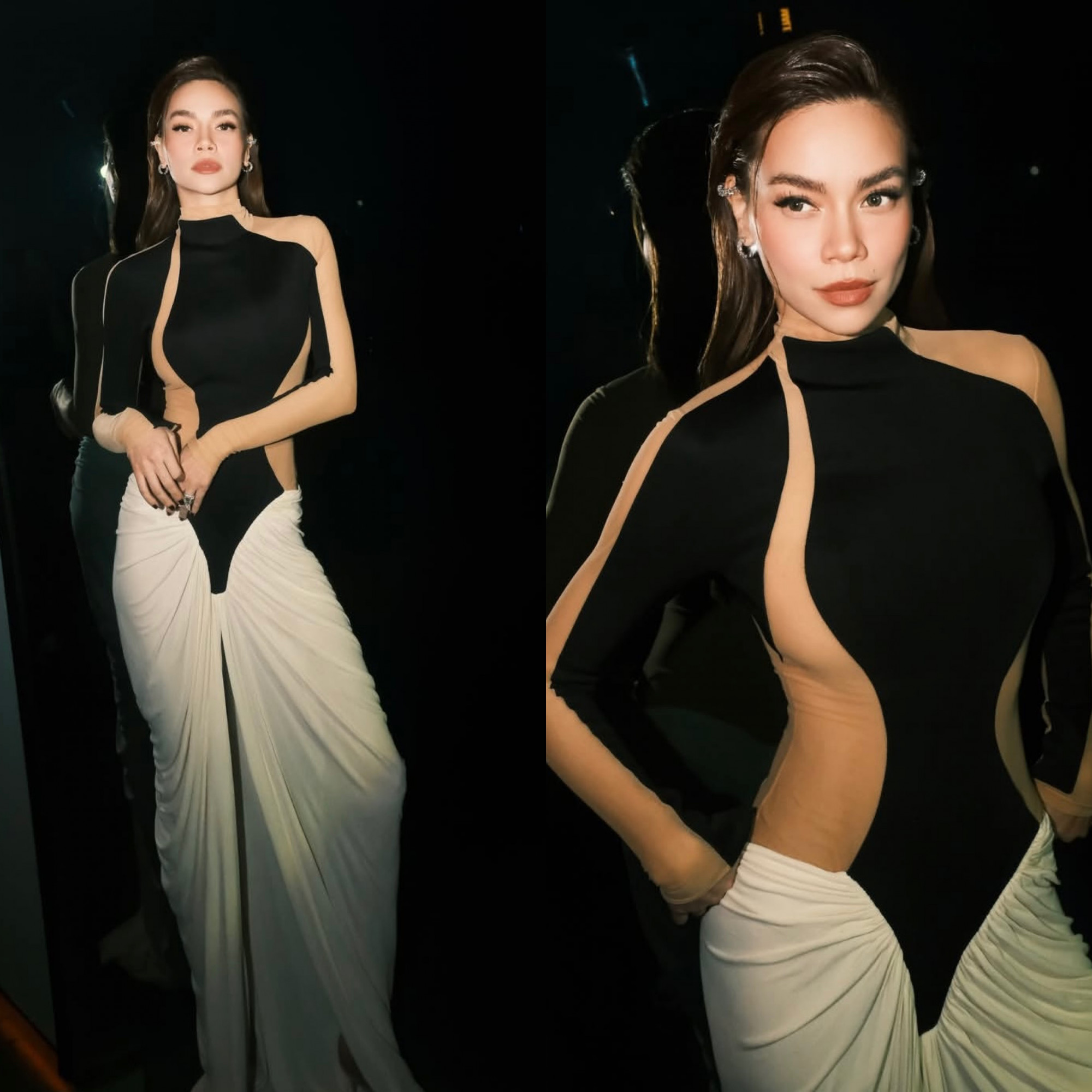 Hồ Ngọc Hà xuất hiện với một thiết kế mang tính trình diễn cao, tập trung mạnh vào việc khoe đường cong cơ thể. Phần thân trên là phom áo ôm sát, phối hai mảng màu đối lập, được cắt lượn sâu để lộ rõ vùng eo và hông. Bên dưới, chân váy sáng màu xếp nếp mềm nhưng không đủ làm dịu lại cảm giác táo bạo của tổng thể. Nhìn thoáng qua, trang phục tạo hiệu ứng thị giác rõ rệt, nhưng khi quan sát kỹ lại dễ thấy sự thiếu cân bằng giữa tạo hình và thẩm mỹ. Bộ cánh gây chú ý nhiều hơn nhờ đường cắt mạnh tay, trong khi sự duyên dáng và tinh giản – yếu tố làm nên vẻ đẹp lâu dài – lại chưa thật sự hiện diện.