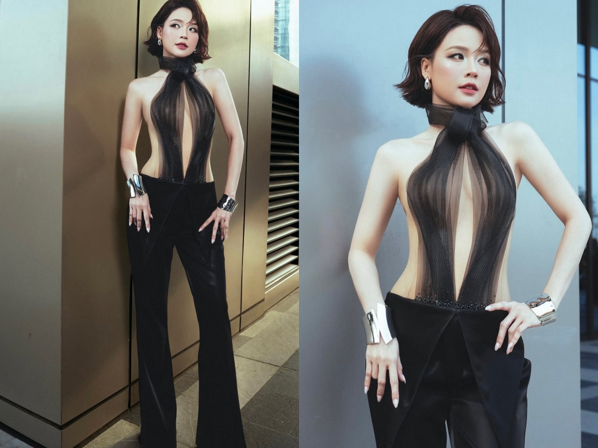  Sam lựa chọn một thiết kế mang hơi hướng táo bạo ngay từ cách xử lý phần thân trên. Trang phục sử dụng lớp vải mỏng, ôm sát và kéo dài từ cổ xuống eo, tạo khoảng hở lớn ở chính diện, khiến cơ thể gần như trở thành trung tâm phô bày. Phần quần tối màu, phom suông, tuy giúp tổng thể trông gọn gàng hơn nhưng không đủ để giảm cảm giác lộ liễu mà phần trên mang lại. Nhìn tổng thể, bộ đồ gây chú ý mạnh về thị giác, song lại thiếu sự mềm mại và tinh chỉnh cần thiết. Thay vì tạo ấn tượng thanh lịch, thiết kế này dễ khiến người xem tập trung vào độ “mở” nhiều hơn là giá trị thẩm mỹ của trang phục.